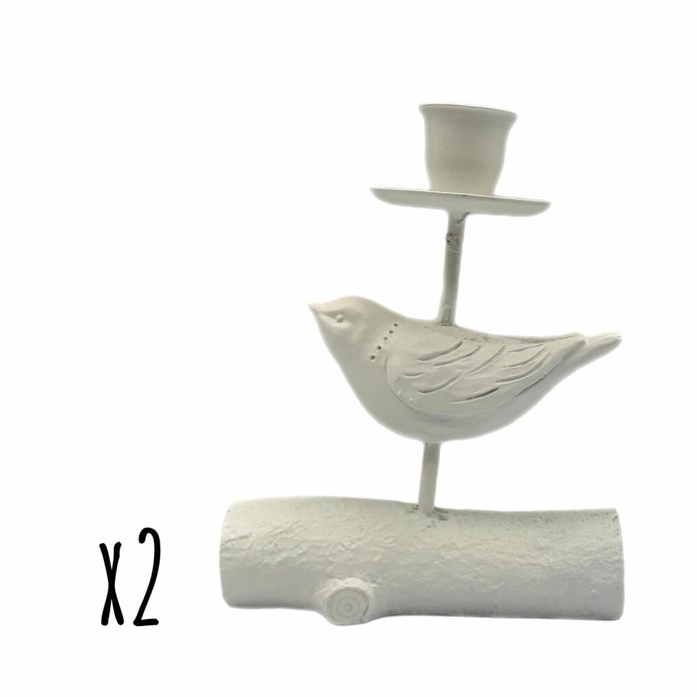 Set of 2 Vintage White Metal Bird Candle Stick Holders